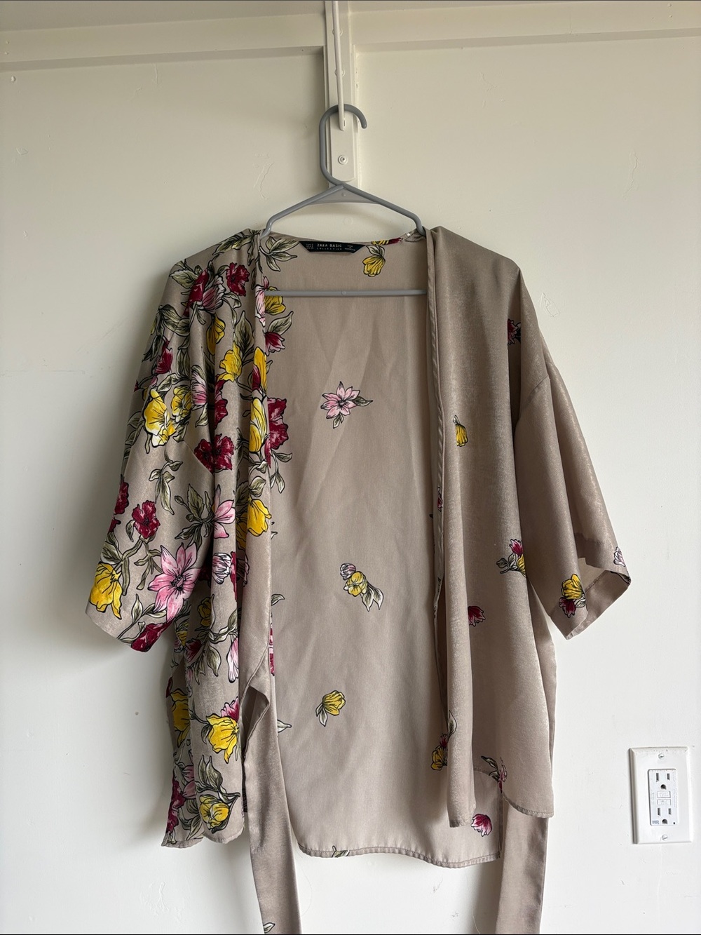 Zara Beige Floral Satin Kimono with Pink & Yellow Blooms
